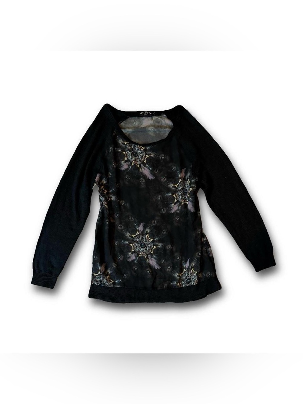 Black Dreamcatcher Wolf Print Sheer Long Sleeve Women's Top